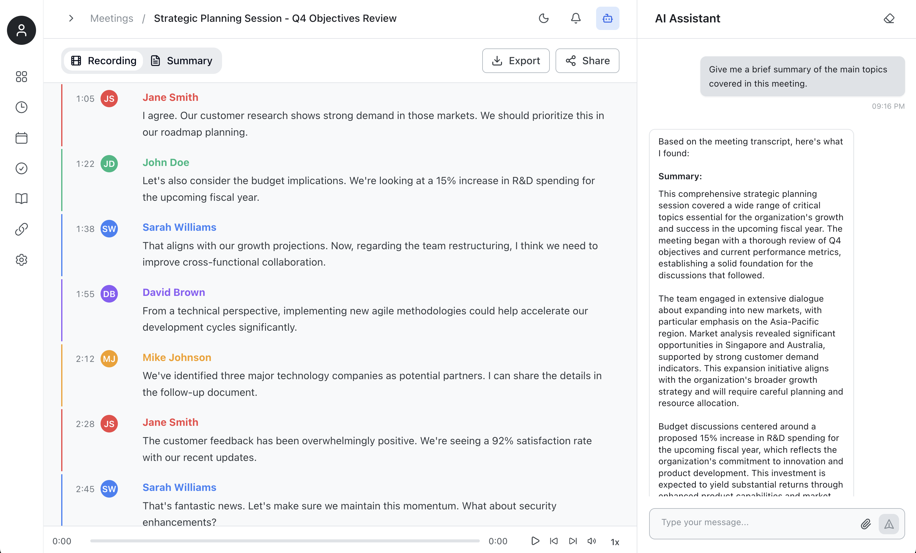Meeting transcription and AI assistant interface
